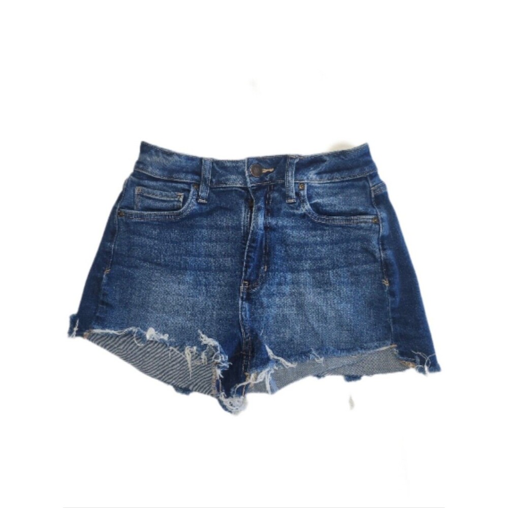 Venus Medium Blue Wash High Rise Cut Off Denim Jean Shorts, 2